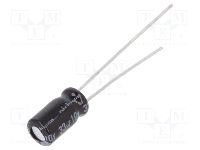 Capacitor: electrolytic; THT; 33uF; 10VDC; Ø5x9mm; Pitch: 2mm; ±20%