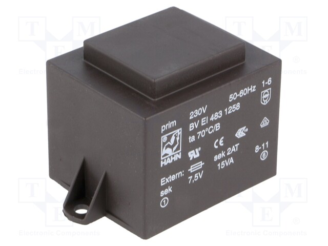 Transformer: encapsulated; 15VA; 230VAC; 7.5V; 2000mA; 450g