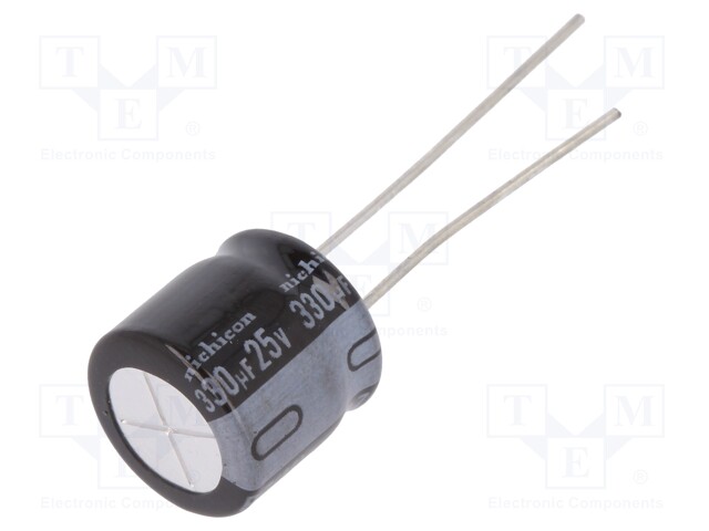 Capacitor: electrolytic; THT; 330uF; 25VDC; Ø10x9mm; Pitch: 5mm