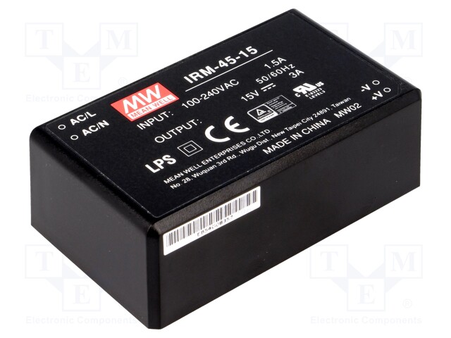 Power supply: switched-mode; modular; 45W; 15VDC; 87x52x29.5mm; 3A