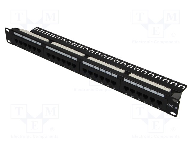 Patch panel; RJ45; Cat: 6; RACK; Colour: black; Number of ports: 24