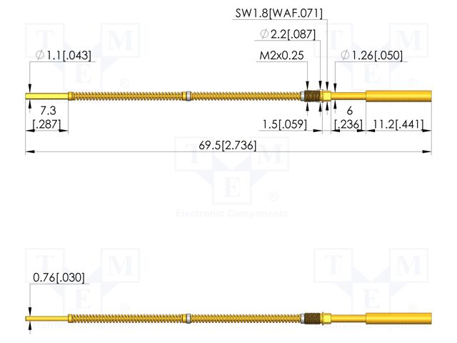 Test needle; Spring compression: 5mm; 5.5mm; 5A; steel; Ø: 1.9mm