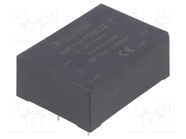 Converter: AC/DC; 15W; Uout: 15VDC; Iout: 1A; 80%; Mounting: PCB; 3kV