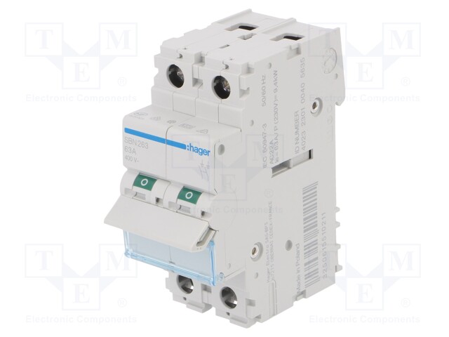 Switch-disconnector; Poles: 2; DIN; 63A; 400VAC; SBN; IP20; 1÷16mm2
