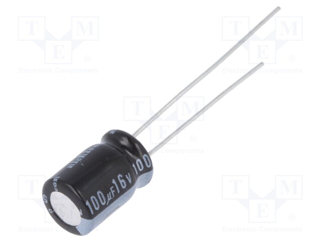 Capacitor: electrolytic; THT; 100uF; 16VDC; Ø5x9mm; Pitch: 2mm; ±20%