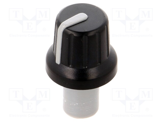 Knob; with pointer; ABS; Shaft d: 6mm; Ø16x14.4mm; black; push-in
