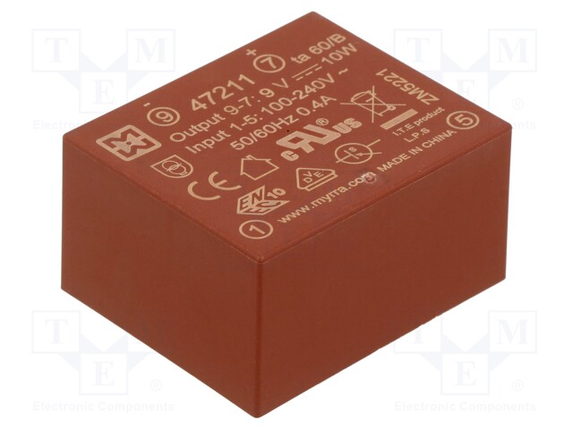 Converter: AC/DC; 10W; Uout: 9VDC; Iout: 1.1A; 80%; Mounting: PCB