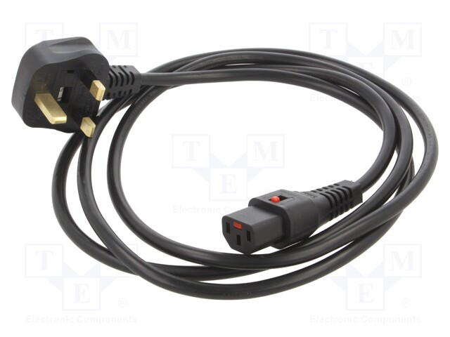 Cable; BS 1363 (G) plug,IEC C13 female; 2m; with locking; black