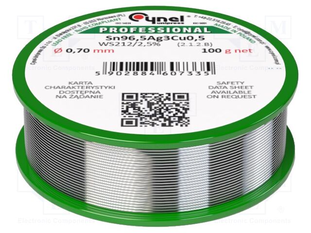 Tin; lead free; Sn96,5Ag3Cu0,5; 0.7mm; 100g; reel; 217÷220°C; 2.5%