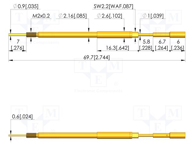 Test needle; Spring compression: 5mm; 5.5mm; 8A; steel; Ø: 2.3mm