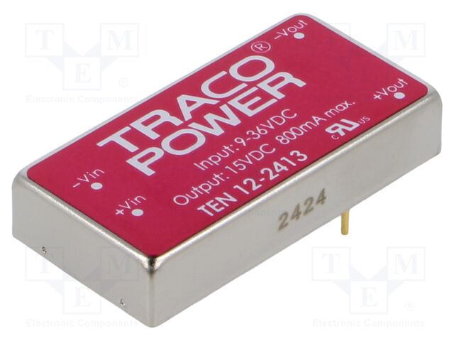 Converter: DC/DC; 12W; Uin: 9÷36V; 15VDC; Iout: 800mA; 2"x1"; 30g