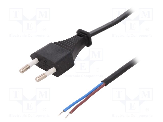 Cable; CEE 7/16 (C) plug,wires; 1.5m; black; 2.5A; 250V