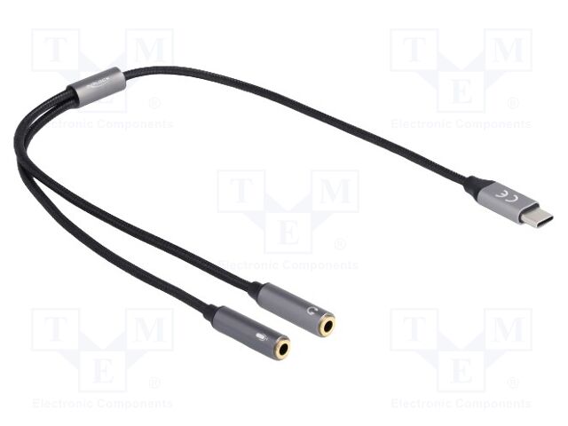 Cable; stereo; Jack 3.5mm 3pin socket x2,USB C plug; 0.4m; black