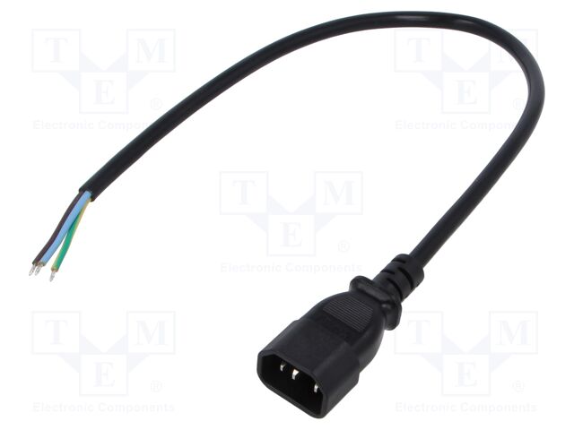Cable; 3G1mm2; IEC C14 male,wires; PVC; 0.5m; black; 10A; 250V