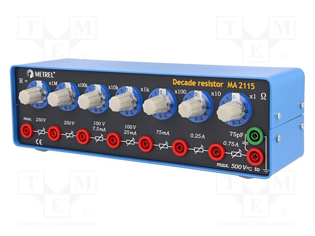 Decade box: resistance; 0÷9999999Ώ; Number of ranges: 7