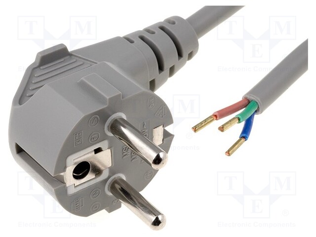 Cable; CEE 7/7 (E/F) plug angled,wires; 1.8m; grey; PVC; 6A; 250V