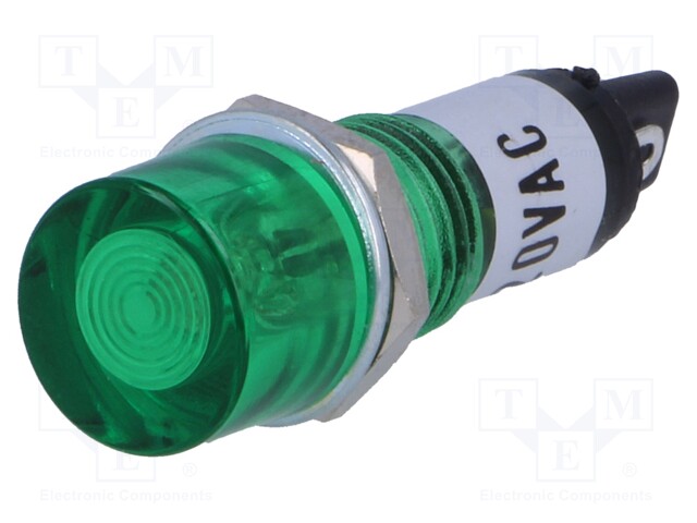 Indicator: with neon lamp; flat; green; 230VAC; Cutout: Ø10mm; IP20