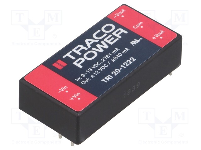 Converter: DC/DC; 20W; Uin: 9÷18V; Uout: 12VDC; Uout2: -12VDC; 2"x1"