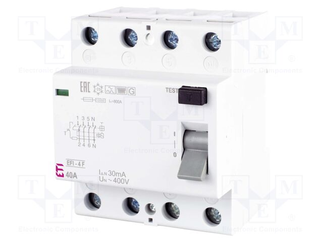 RCD breaker; Inom: 40A; Ires: 30mA; Poles: 4; 400V,415V; IP20; EFI