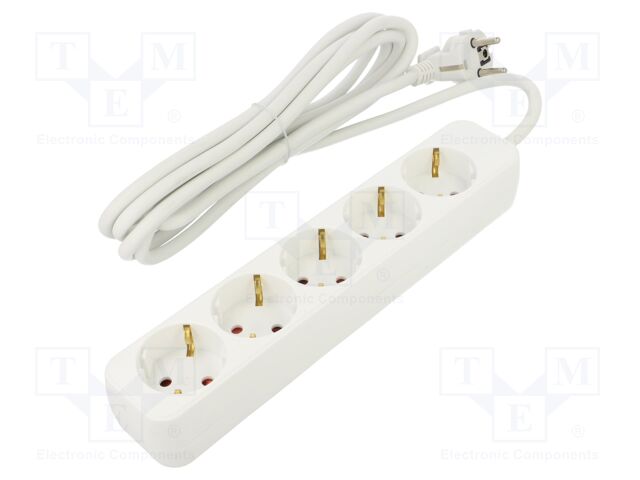 Extension lead; 3x1mm2; Schuko; Sockets: 5; rubber; white; 3m; 10A