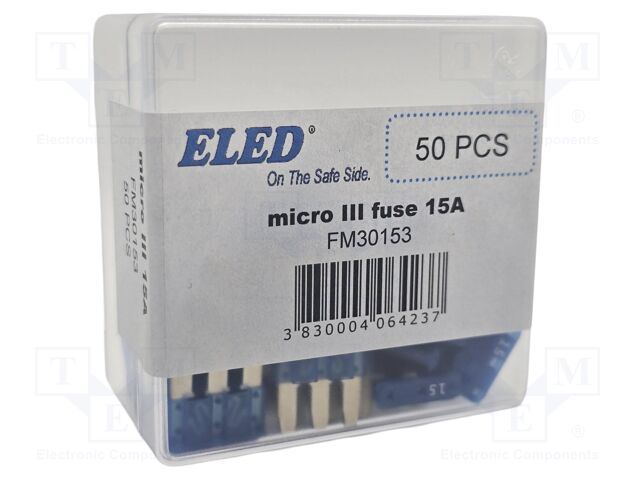 Fuse: fuse; 15A; 32VDC; automotive; 14.3mm; 14.3x3.8x15.3mm