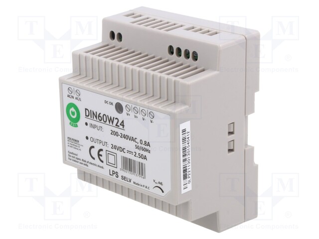 Power supply: switched-mode; 60W; 24VDC; for DIN rail mounting
