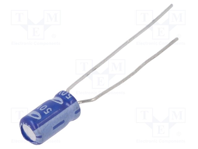 Capacitor: electrolytic; THT; 2.2uF; 50VDC; Ø4x7mm; Pitch: 5mm; ±20%