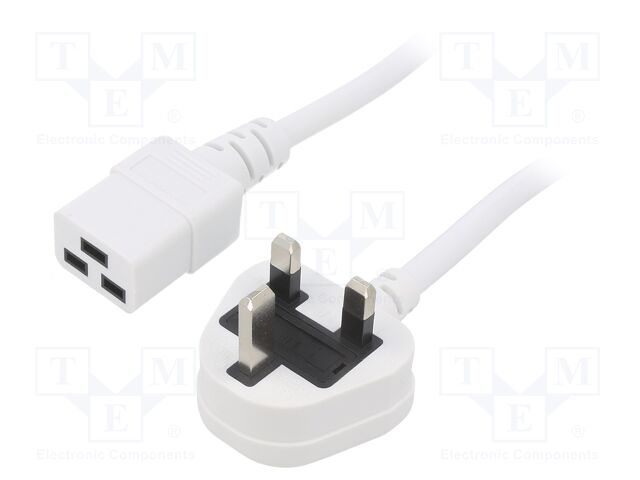 Cable; 3x1.5mm2; BS 1363 (G) plug,IEC C19 female; PVC; 3m; white