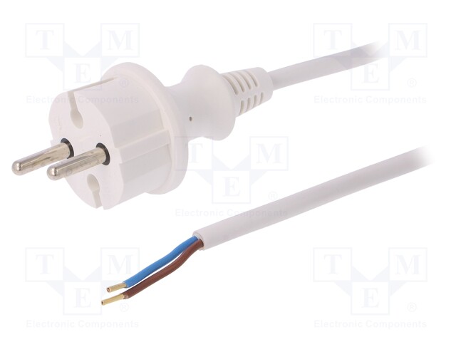 Cable; CEE 7/17 (C) plug,wires; 1.5m; white; PVC; 2x1mm2; 16A; 250V