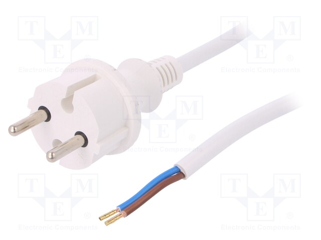 Cable; CEE 7/17 (C) plug,wires; 3m; white; PVC; 2x1,5mm2; 16A; 250V