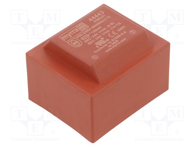 Transformer: encapsulated; 22VA; 230VAC; 24V; 24V; 458mA; 458mA