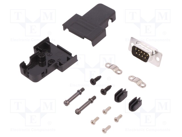 D-Sub; PIN: 9; plug; male; soldering; for cable; black