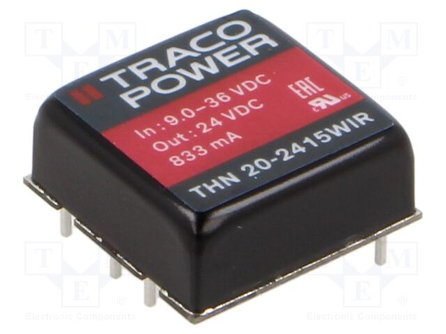 Converter: DC/DC; 20W; Uin: 9÷36V; 24VDC; Iout: 833mA; 1"x1"; 16g
