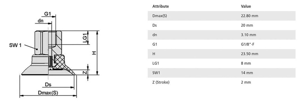 Suction cup; 20mm; 6.5g; G 1/8 F; Shore hardness: 55; 0.5cm3; SUF