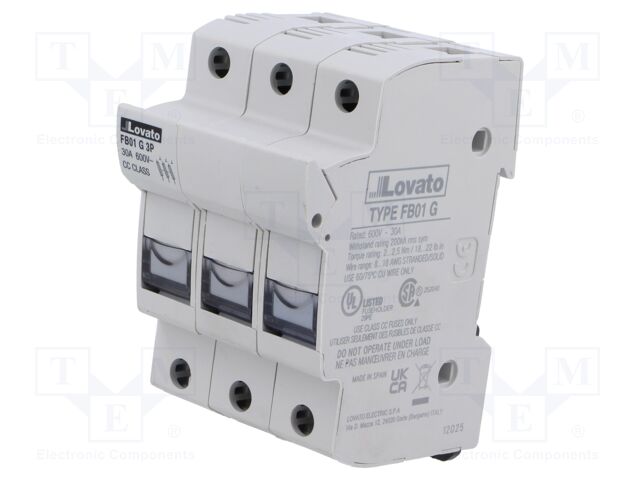 Fuse base; 10x38mm; for DIN rail mounting; 30A; 600VAC; Poles: 3