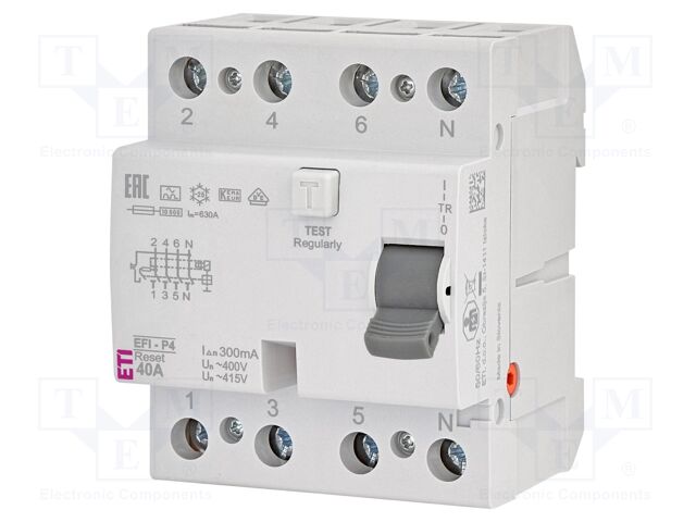 RCD breaker; Inom: 40A; Ires: 300mA; Poles: 4; 400V,415V; IP20; EFI