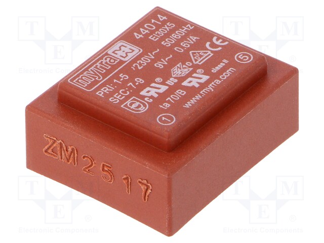 Transformer: encapsulated; 0.6VA; 230VAC; 9V; 66mA; Mounting: PCB