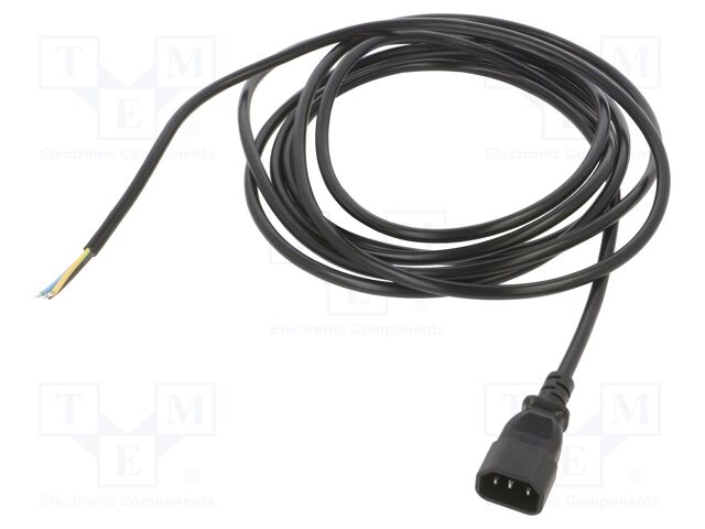 Cable; 3G1mm2; IEC C14 male,wires; PVC; 5m; black; 10A; 250V