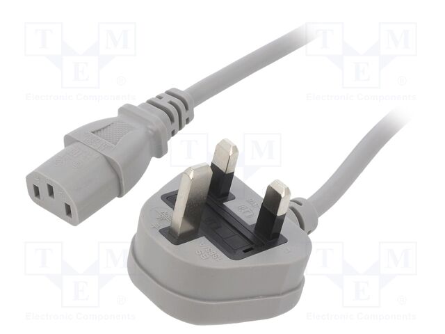 Cable; 3x0.75mm2; BS 1363 (G) plug,IEC C13 female; PVC; 1m; grey