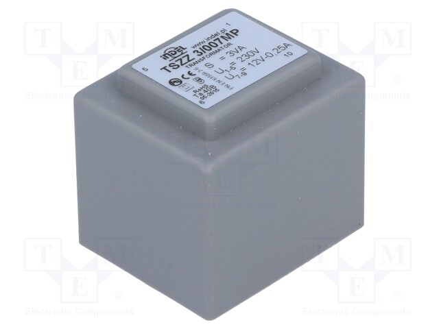 Transformer: encapsulated; 3VA; 230VAC; 12V; 0.25A; Mounting: PCB