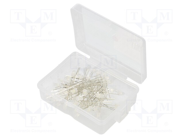 Kit: LED; 3mm; THT; 50pcs; white cold; 3÷15V; plastic box; 7.5mA; 40°
