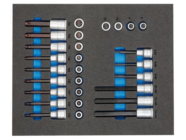 Kit: socket bits; in a foam tray; hex key,Torx®; tool trolley