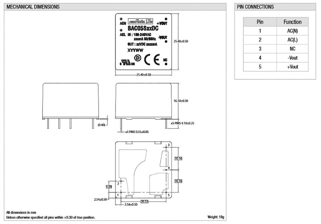 Converter: AC/DC; 5W; 85÷264VAC; Usup: 120÷370VDC; Uout: 24VDC; THT