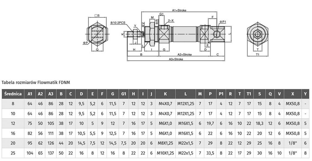 Round cylinder; Piston diam: 12mm; Piston stroke: 25mm; 1÷10bar