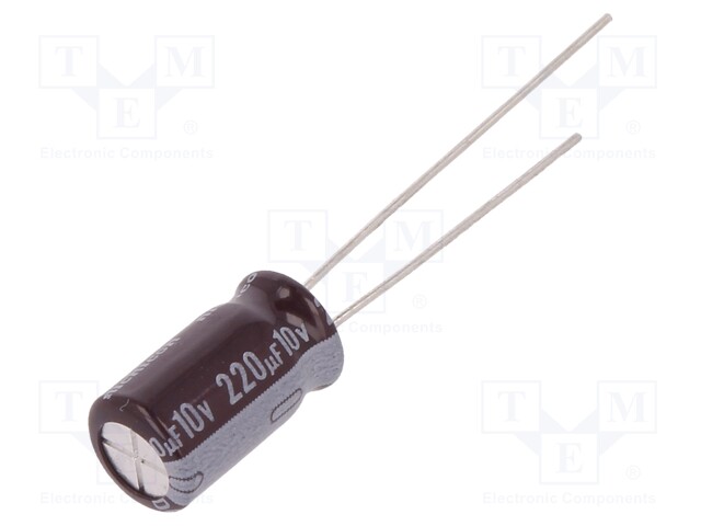 Capacitor: electrolytic; THT; 220uF; 10VDC; Ø6.3x11mm; Pitch: 2.5mm
