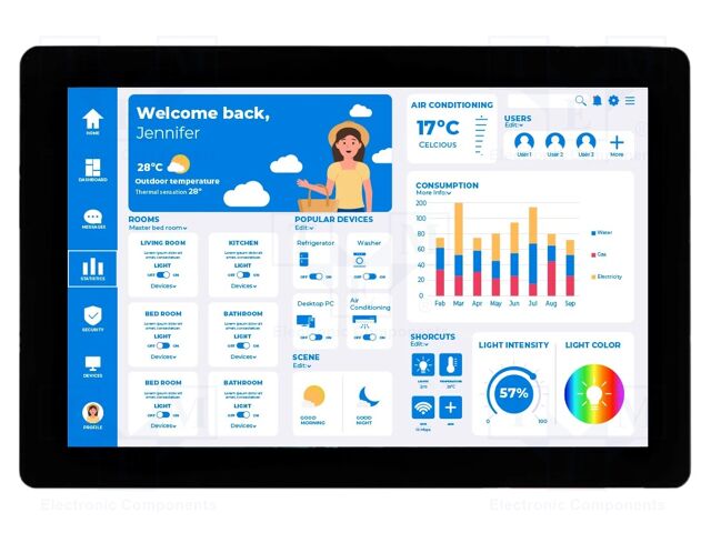 Display: TFT; 12.1"; 1280x800; Illumin: LED; RGB; 850cd/m2; 7÷14VDC