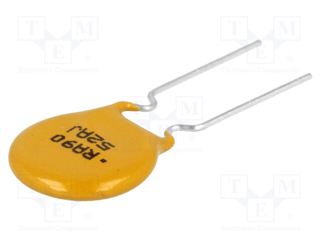 Fuse: PTC polymer; 900mA; Pitch: 5.1mm; Leads dim: Ø0.51x7.6mm