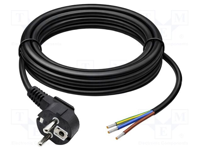 Cable; 3G1.5mm2; CEE 7/7 (E/F) plug angled,wires; PVC; 3m; black