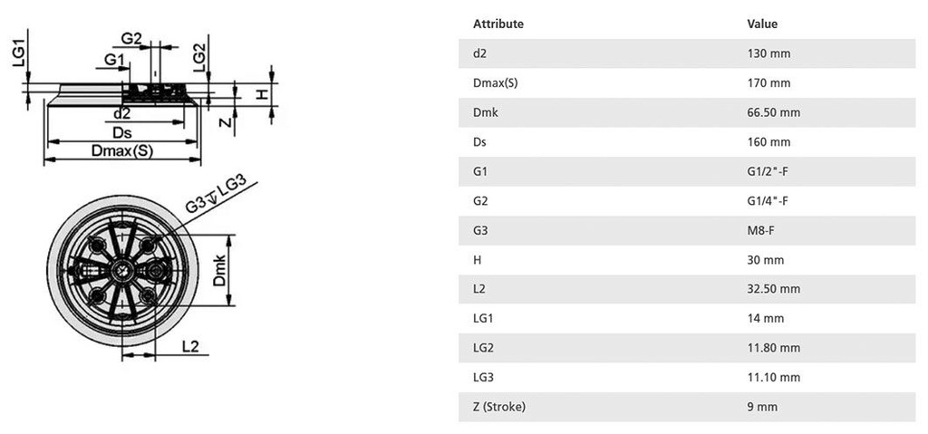 Suction cup; 160mm; 380g; G 1/2" F,G 1/4 F; Shore hardness: 60