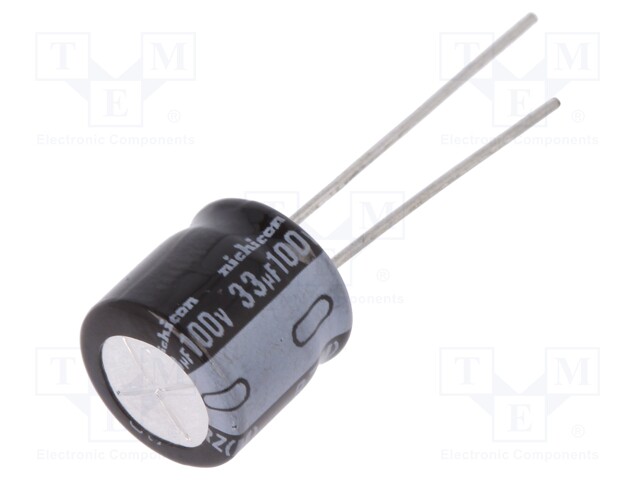 Capacitor: electrolytic; THT; 33uF; 100VDC; Ø10x9mm; Pitch: 5mm